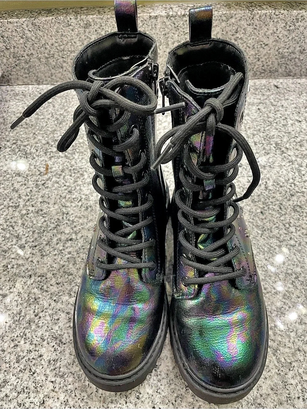 Girls Cat & Jack Iridescent Studded Combat Boots Black & Purple Size 2.